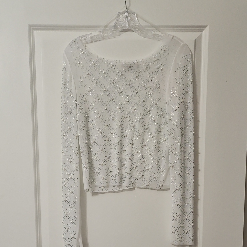 Cream Long Sleeve Crop Embellished Blouse